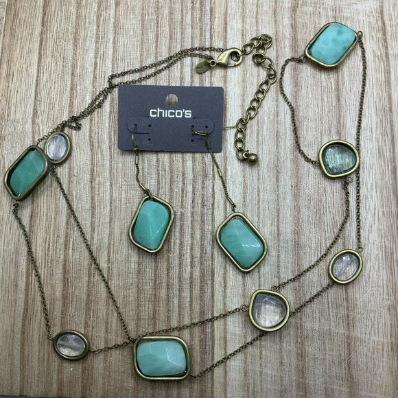 Chico's Jewelry - Chico's Jeweled Stone Gold Tone Long Necklace with NWT Earrings